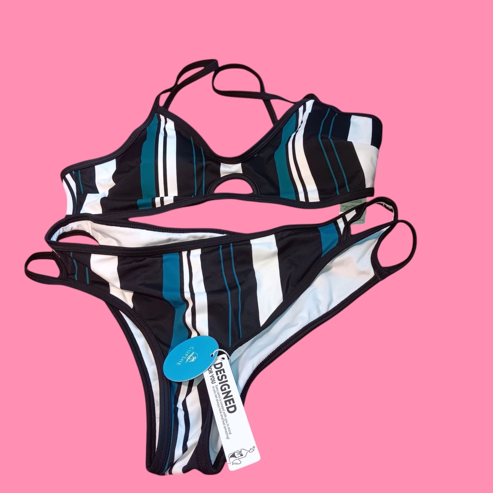 Cupshe Black and Blue Striped Bikini Set Size M